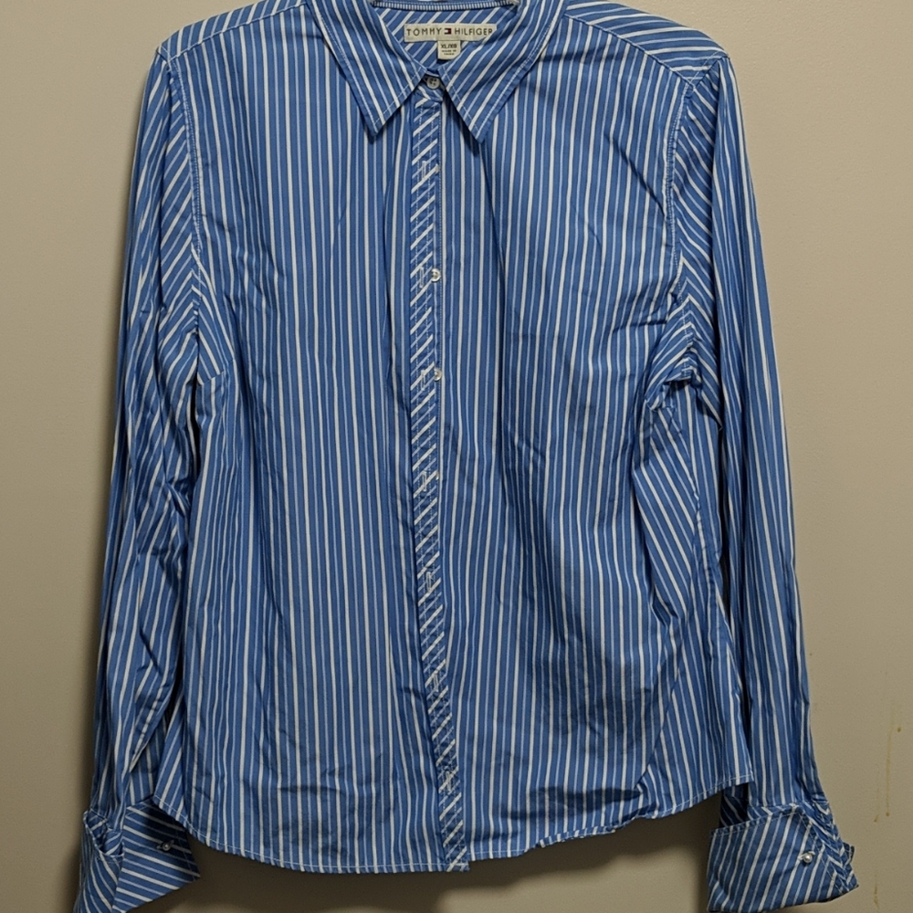 Tommy Hilfiger, women's blue and white striped blouse XL